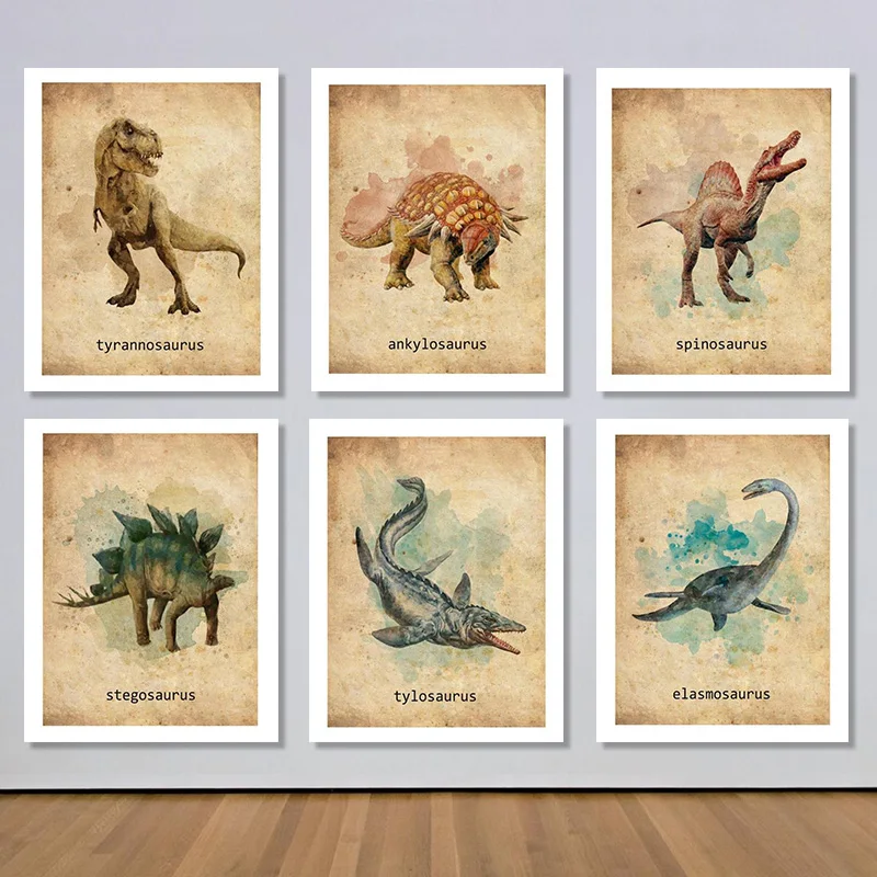 Acquerello Dinosauro Retro Poster T-Rex Triceratops Art Hd Print Wall Nursery Kids Gifts For Kids Room Home Decor Canvas Painting
