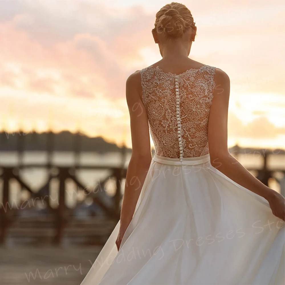 Simple Generous A-Line Women's Wedding Dresses V-Neck Sleeveless Lace Appliques Bride Gowns Ball Vestidos Novias Boda Customized 3