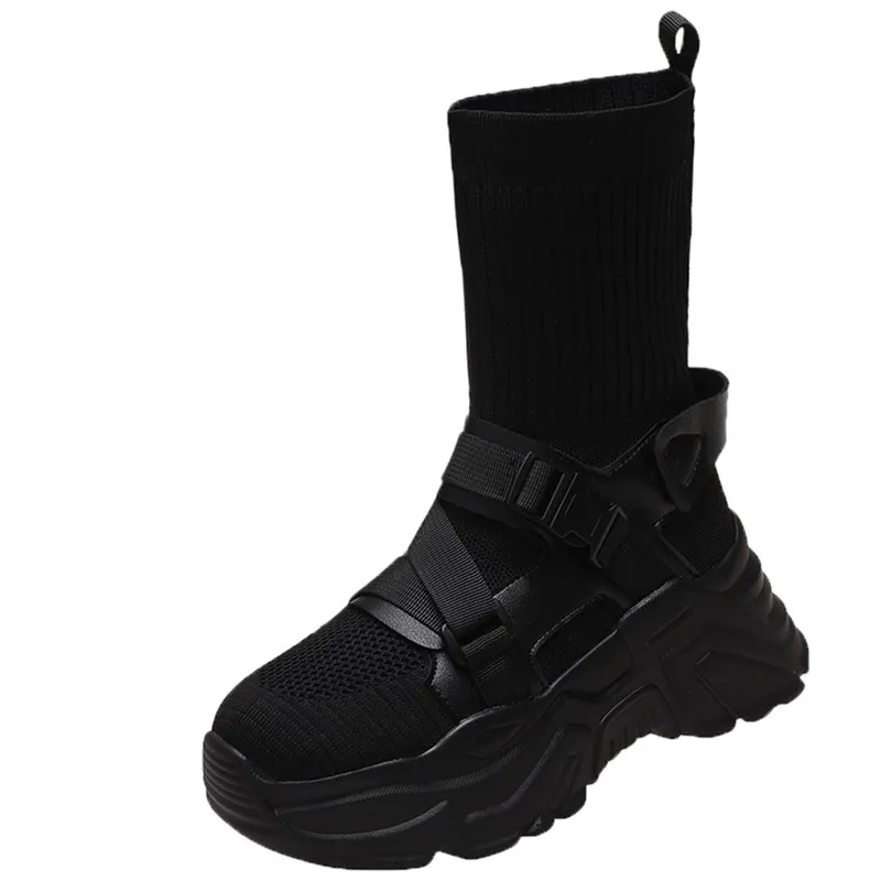 2022 Autumn Socks Shoes Woman Stretch Fabric Midcalf Casual Platform Boots Sports Knitted Short