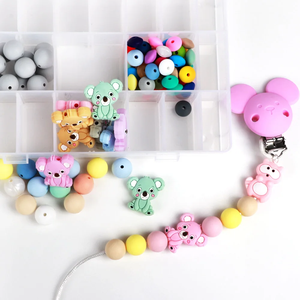 실리콘 코알라 비즈  젖니 씹는 목걸이 젖꼭지 클립 체인, DIY 샤워 장난감 액세서리, 실리콘 비즈 10 개/로트
