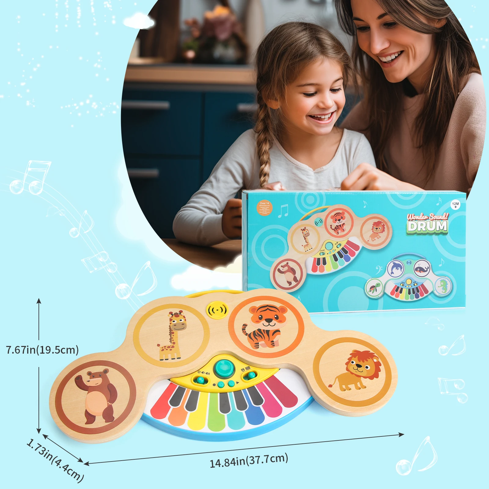 Wooden 2in1 Keyboard Piano Clapping Drum with Light & Music Cartoon Animals Music Toys Educational Toys for 12 months Baby Gifts 6