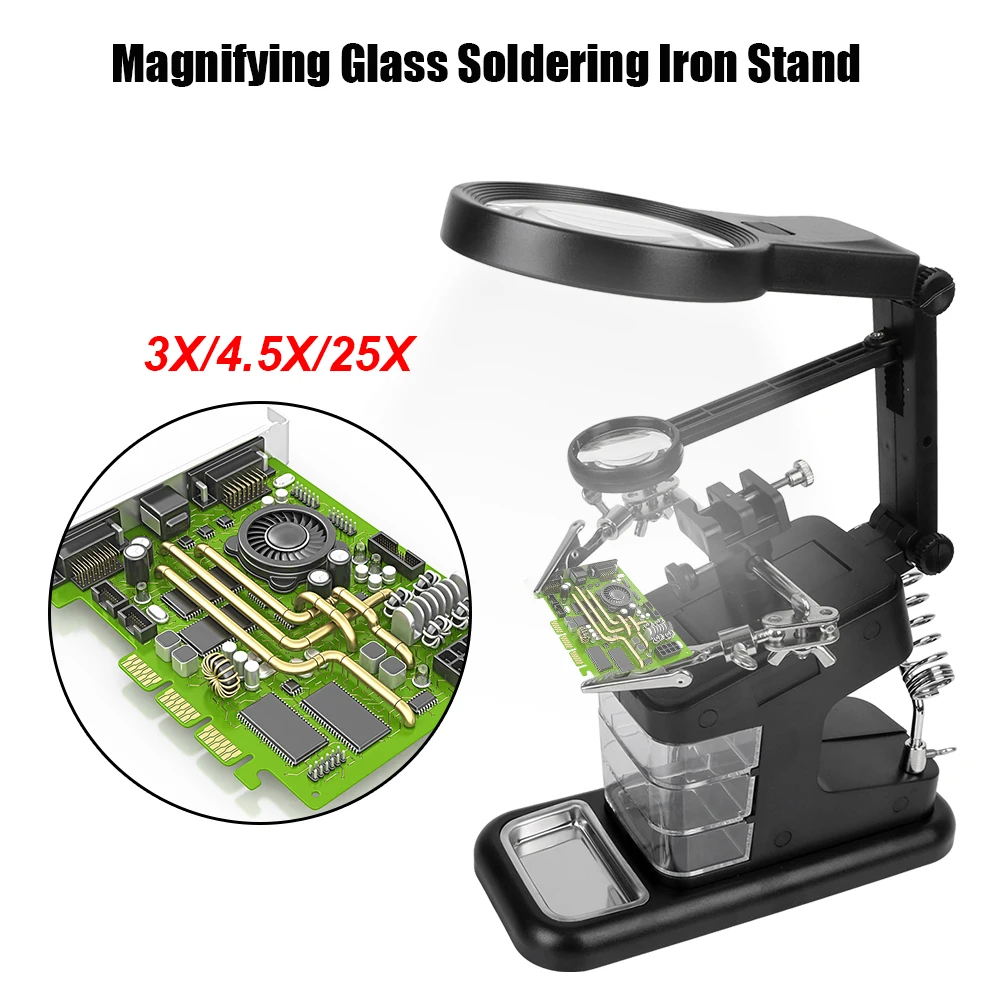 

Illuminated LED Alligator Clip Holder 3 Hand Soldering Iron Stand DIY Welding Tool With 3X/4.5X/25X Magnifying Glass