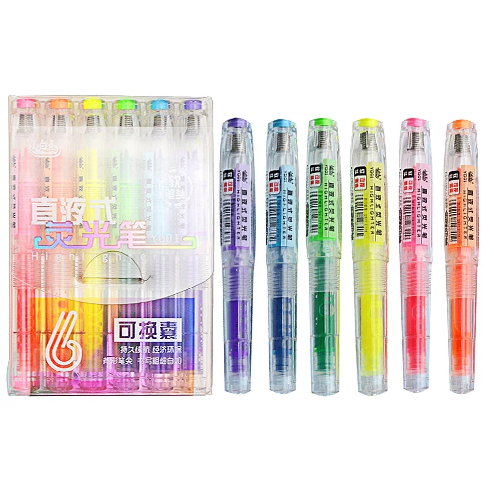 Highlighter marker Highlighter pen 6color Pastel Highlighter Student Brush Replaceable Ink Bag Highlighter Pastel Highlighter Set Stationery School Supplies