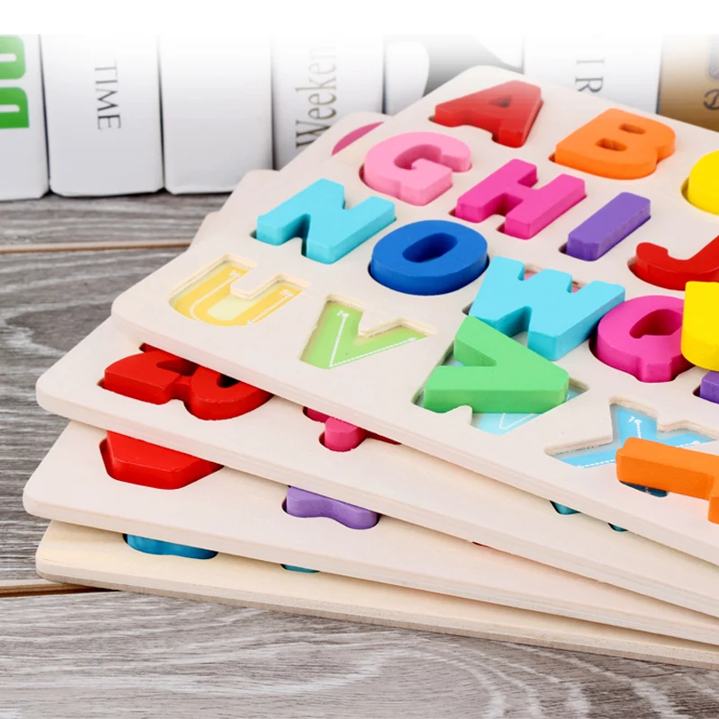 Toddlers Wooden Puzzle Montessori Baby Toys ABC Alphabet Number Shape Matching Board Game Preschool Educational Toy for Kids 2-4 3