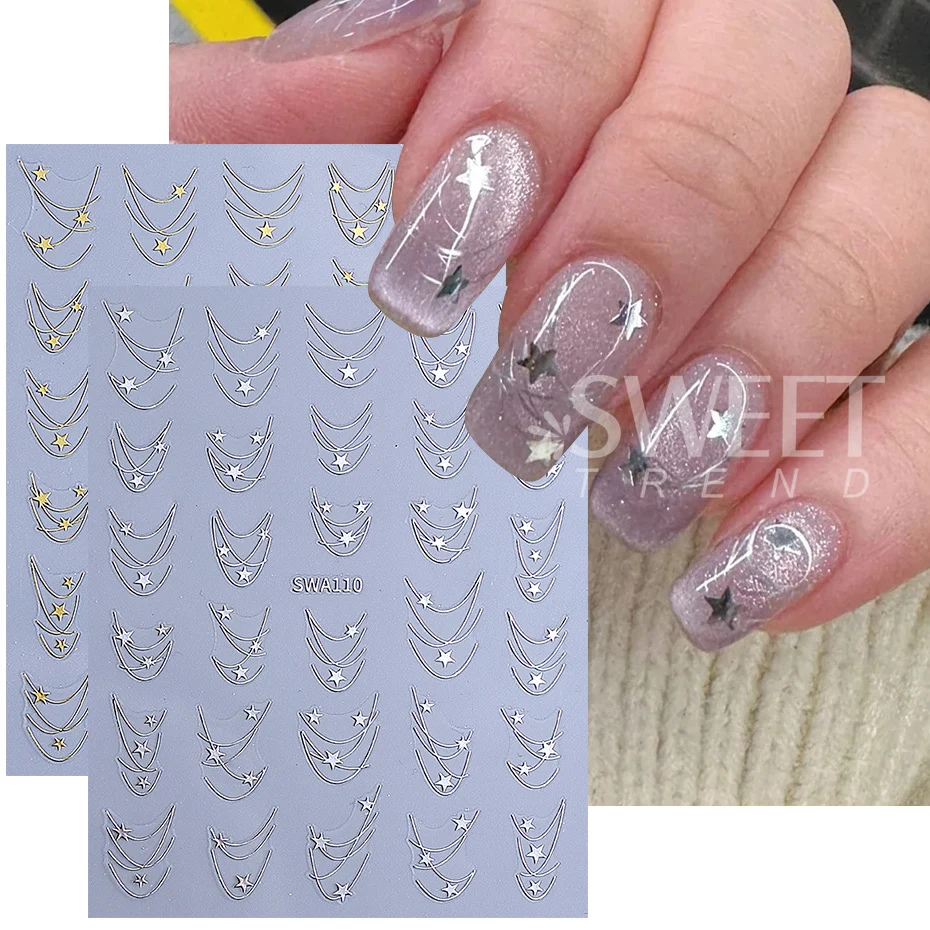 2pcs Metallic Star Line Nail Stickers Holographic Gold Silver Stripes French Line Nail Decals Sliders DIY Manicure Decoration