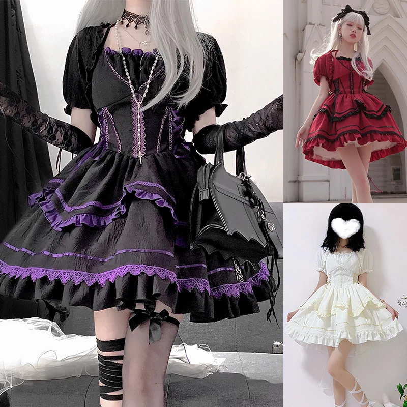 

Gothic Lolita Dresses Women Kawaii Jumper Skirt Girls Princess Sweet Lace Black Dress Japanese Harajuku Cosplay Costume Dress