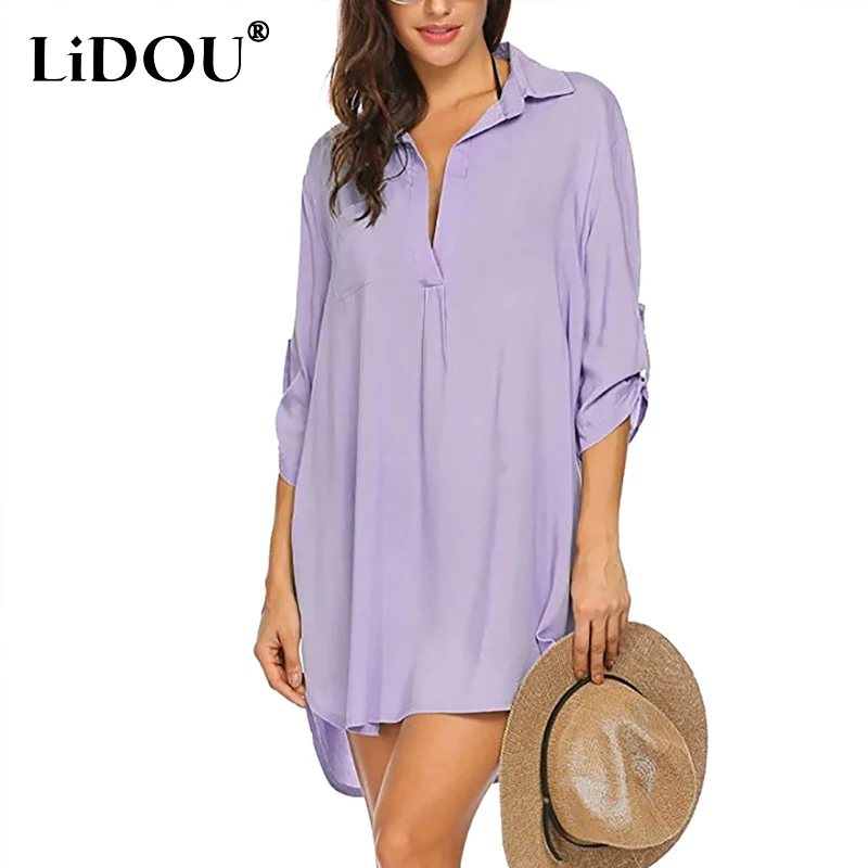 

Spring Summer New Solid Color V-neck Long Sleeve Shirt Women Loose Casual All-match Blouse Outdoor Beach Sunscreen Pullovers
