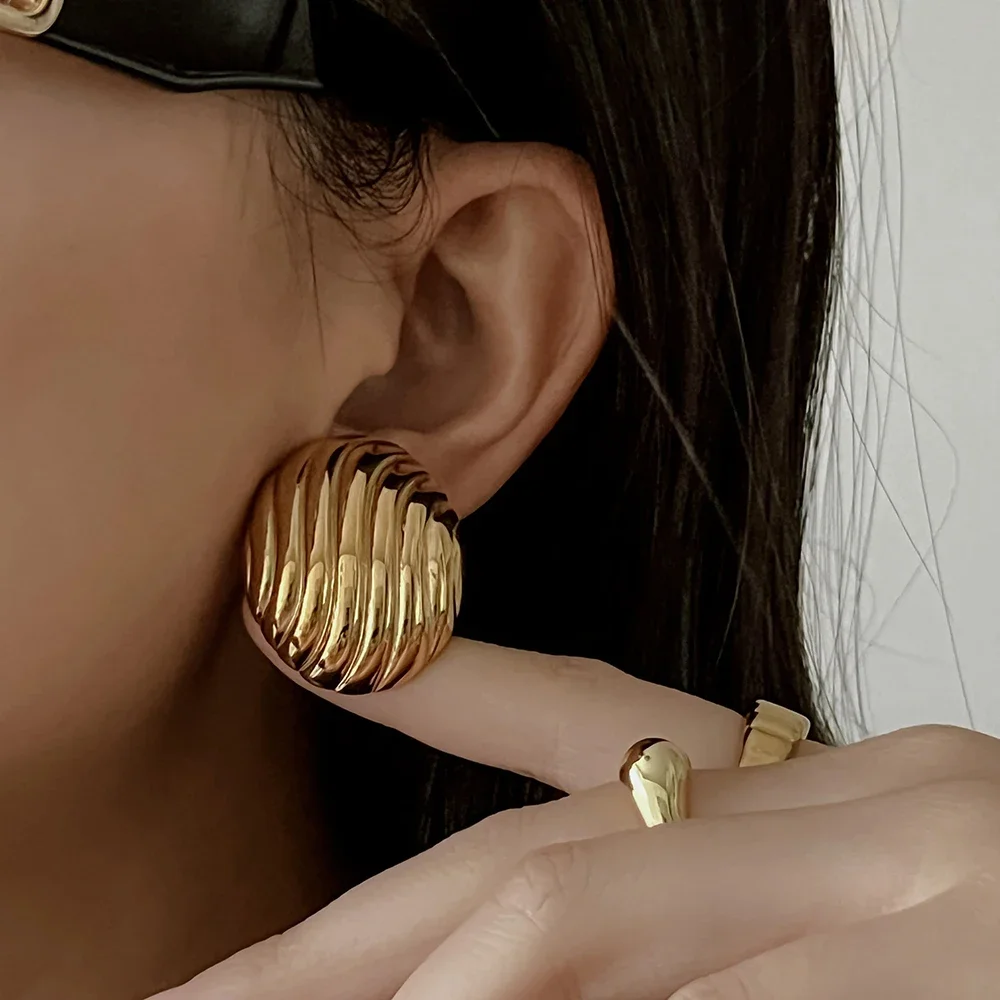 Vintage Geometric Texture Striped Love Heart Stud Earrings Quality Stainless Steel Oval Square Gold Color Ear Buckle Studs Joias