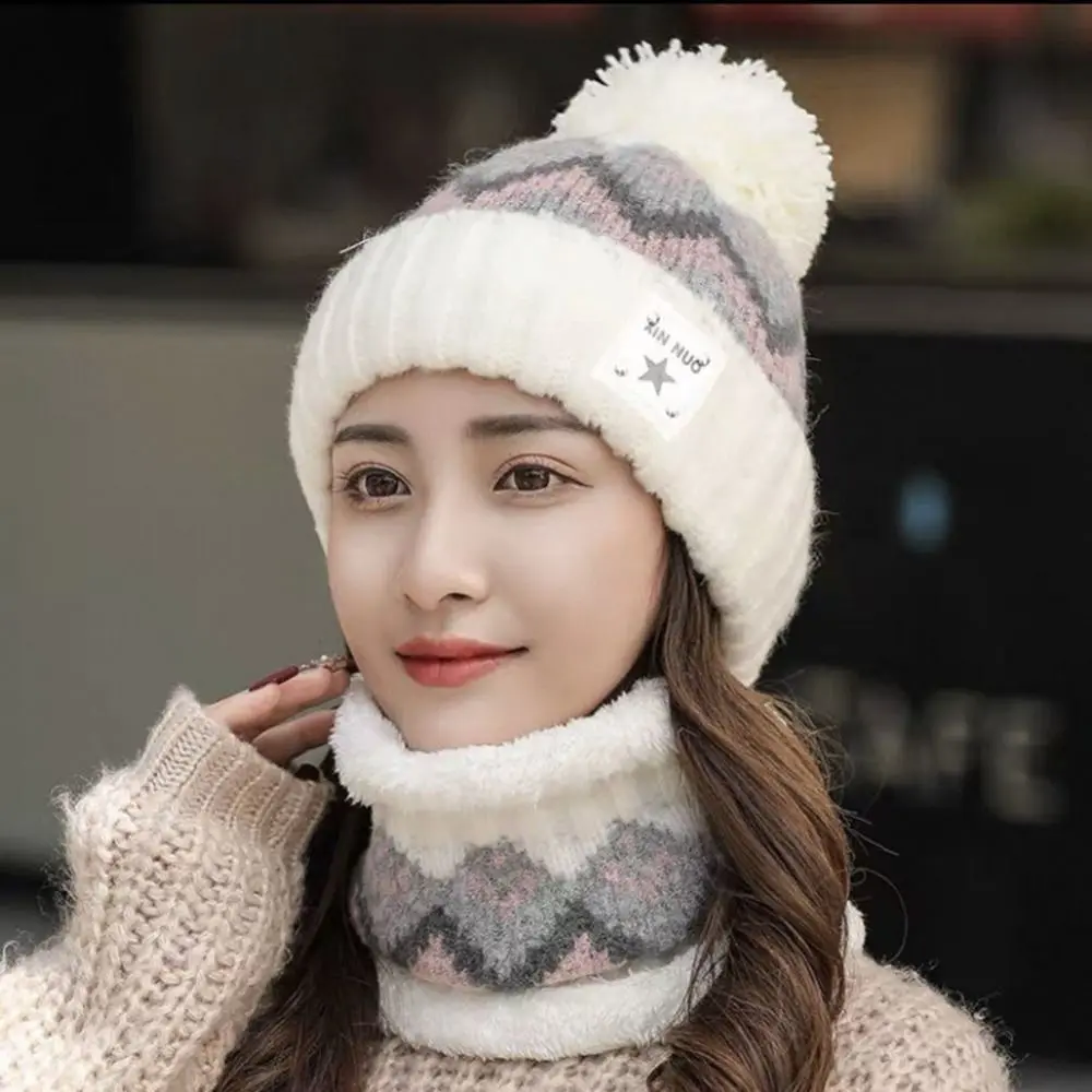Winter Plus Velvet Beanies Hat Windproof Ear Protection Hat Scarf Set Thick Warm Knit Skull Cap Women