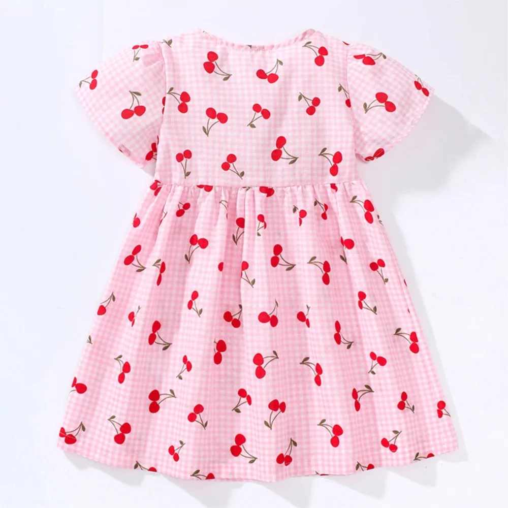 Children's Clothing 2025 Baby Girls Pink Dresses Cartoon Cherry Summer Holiday Dresses Kids Clothes Party Dress