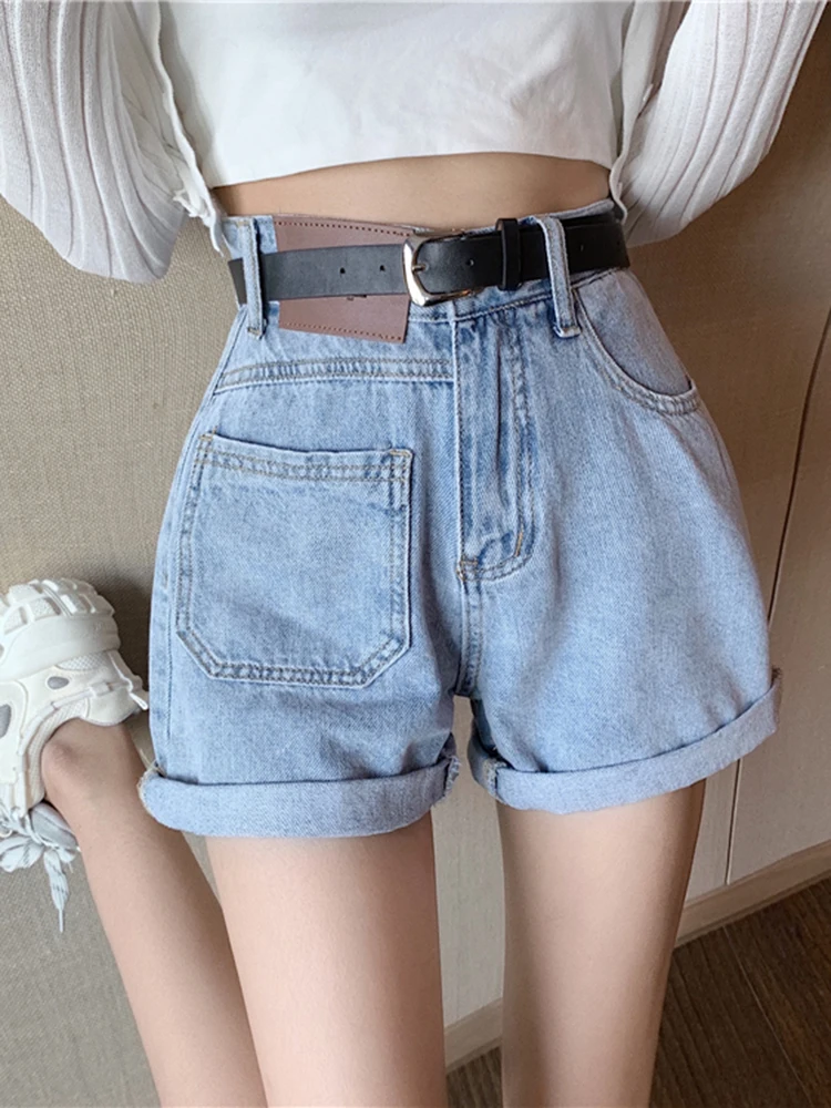 outfits for women Sungtin Summer Fashion Loose Denim Shorts for Women with Belt Vintage Casual Short Jeans Female Pockets High Waisted Short Pants black shorts