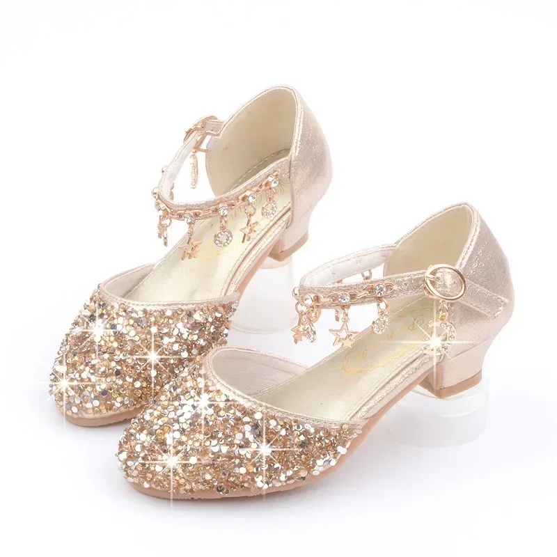Fashion Kid Leather Summer Sequin Princess Crystal High Heel Sandals Mary Jane Girl Shoes leather shoes mary jane shoes girls shoes girls sandals girls high heel shoes