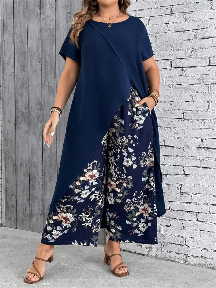 Wmstar Plus Size Two Piece Sets Women Wholesale Long Top and Print Wide Leg Summer Matching Suit Fashion Street Wear 2025