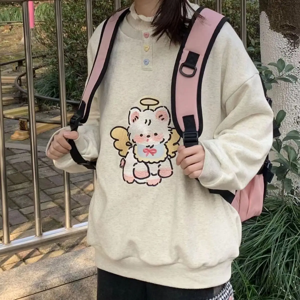 Japanese Kawaii Cartoon Embroidery Pullover Women Sweet Girl Cute Graphic Hoodies Harajuku Loose Sweatshirts Casual Top