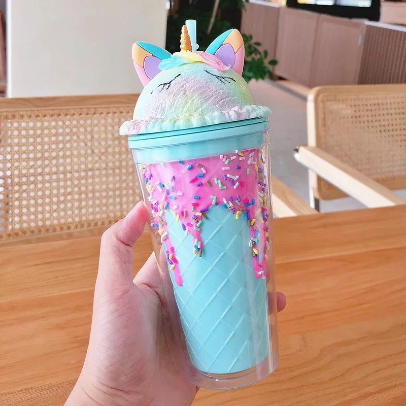 Unicorn Straw Cup New Fashion Colorful Double Layer Plastic Cup