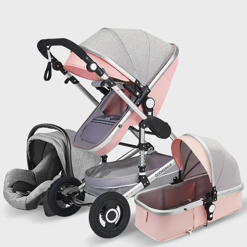 Cochecito de bebé 3 en 1, carrito de paseo, con asiento para coche, alto, de lujo, color rosa, para viajes