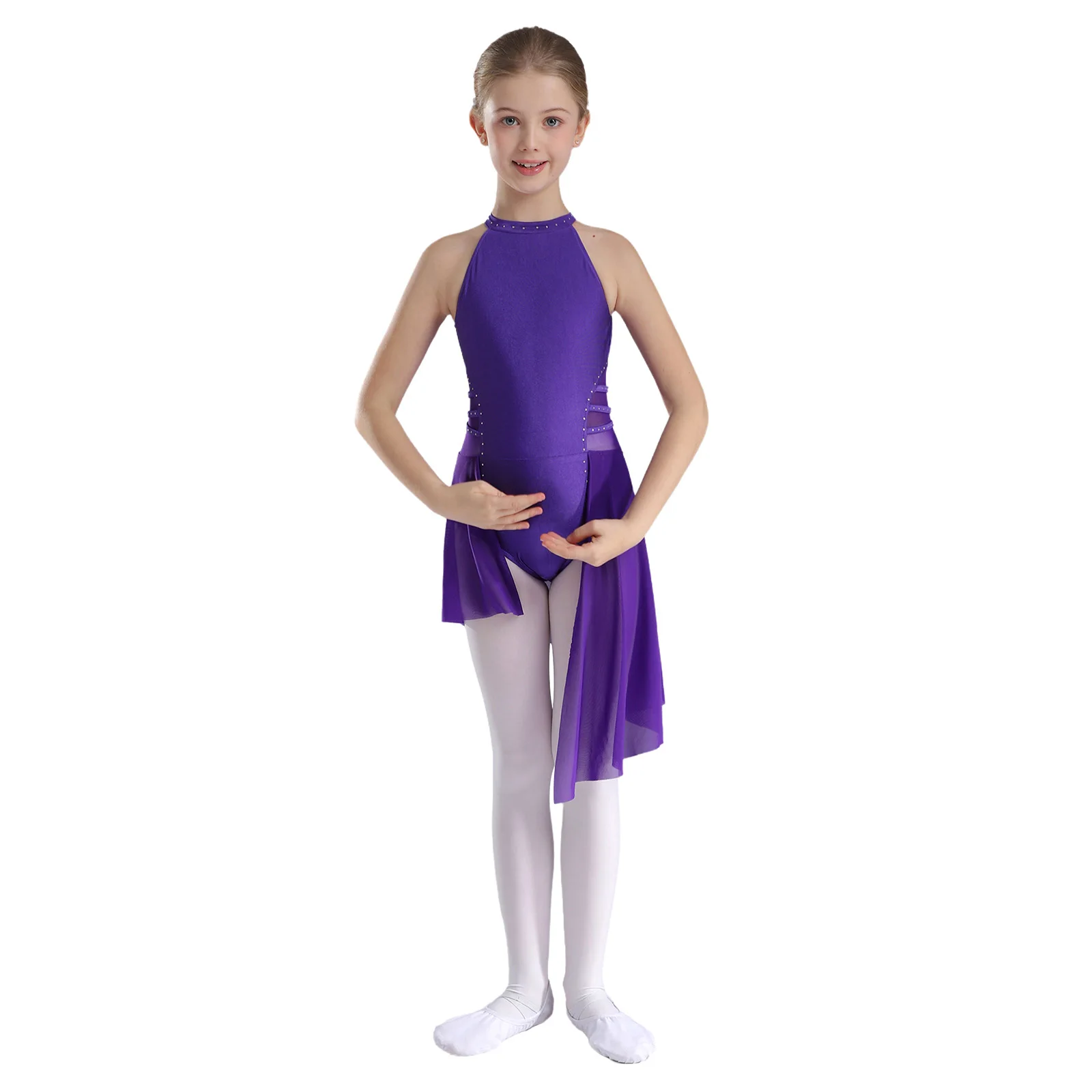 TiaoBug Kids Girls Sleeveless Lyrical Dance Skirted Leotard Keyhole Back Bodysuit for Figure Skating Gymnastics Performance