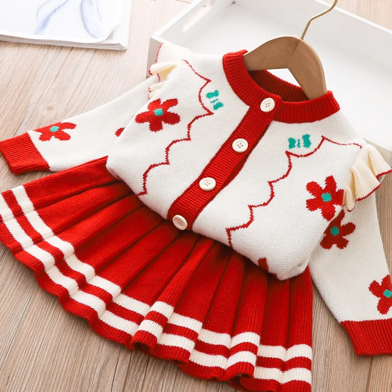 

2-6Y Spring Autumn Girls Clothing Set Little Flower Pattern knit Shirt+ Stripe Skirt 2Pcs Suit For Girl Kids Birthday Present