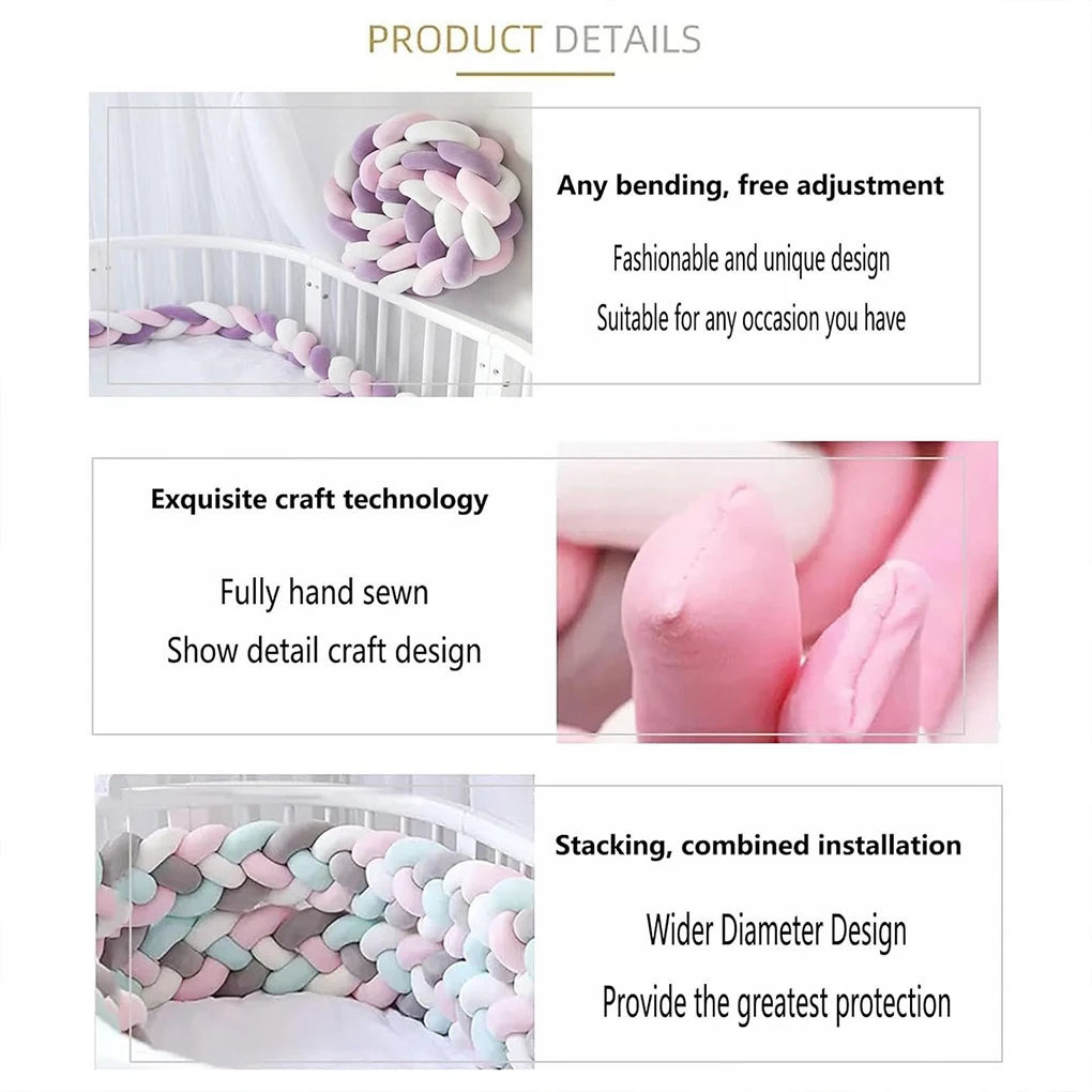 Braided Baby Crib Bumper (1.5M), Soft Knot Pillow Cushion for Crib Protection