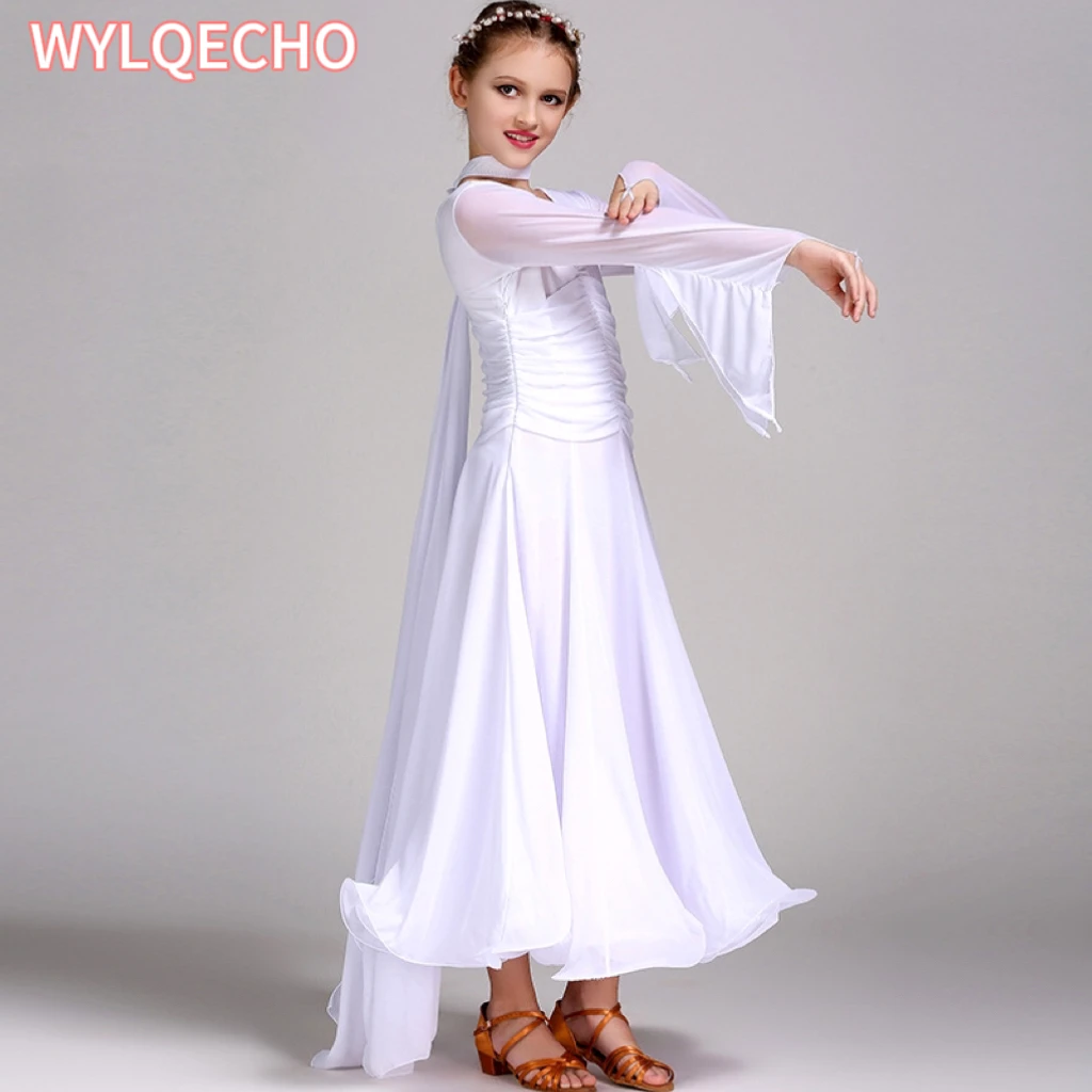Chiffon Long Sleeves Standard Competition Ballroom Dance Dress Girl Kids One Piece Child Modern Waltz Latin Dancing Dancewear