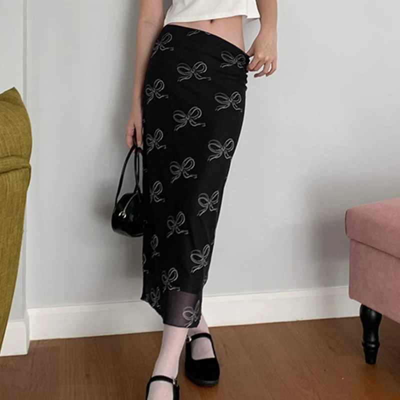 Falda Y2K Fairycore para mujer, con estampado de lazo y ribete de encaje, de cintura baja, de malla, ajustada, estilo grunge de los años 2000, para fiestas y ropa de calle.