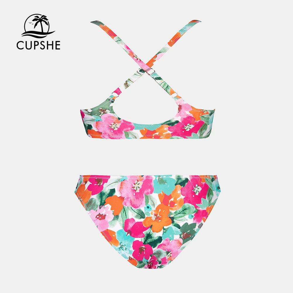 Women swimsuit women two piece sets CUPSHE Bow-knot Tank Top Low Waist Bikini Sets Swimsuit For Women Pink Floral Two Pieces Beachwear Bathing Suit Swimwear