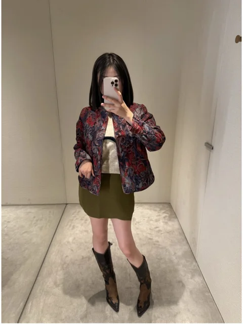 ETJ 2025 traf Women's Spring collection Elegant fashion print loose edition vintage crewneck cotton-padded jacket 3