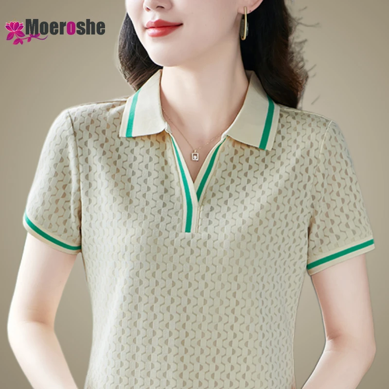 

Moeroshe Summer Lapel POLO Shirt Women's Casual Short Sleeve T-shirt Slight Strech Feminist Shirt Vintage Shirts for Women