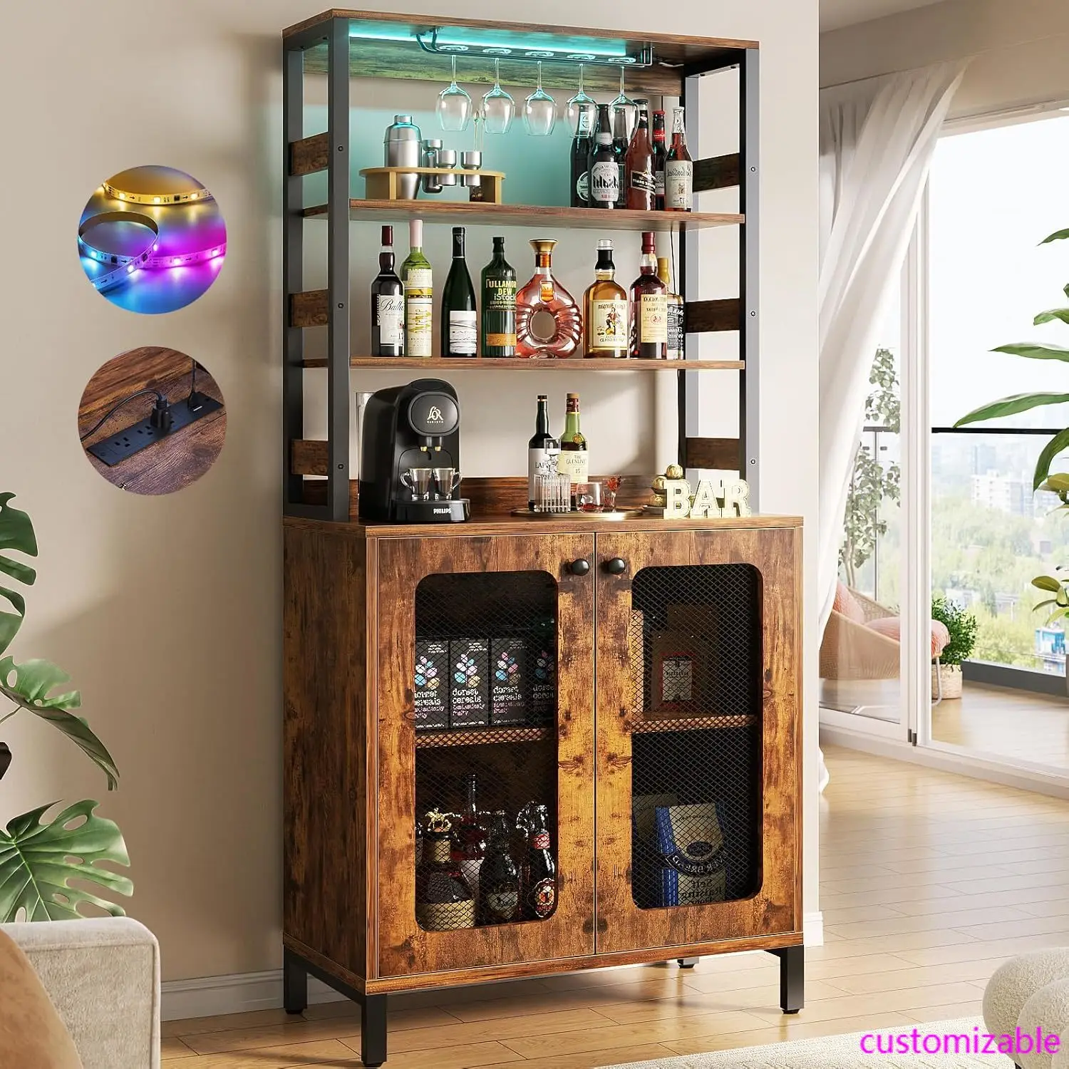 Bar Cabinet with Power Outlets, 67" Tall Wine Bar Liquor Cabinet with LED Lights & Glass Holder, Coffee Bars Station