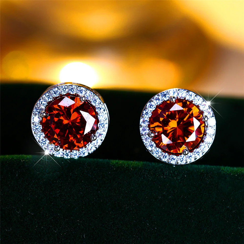 Luxury Female Crystal Purple Black Round Stud Earrings Silver Color Wedding Jewelry For Women