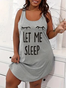 [Plus Size Sleep Dress] Women's Plus Size Casual Sleep Dress - Eyelash & Letter Print Racer Back Tank Nightdress