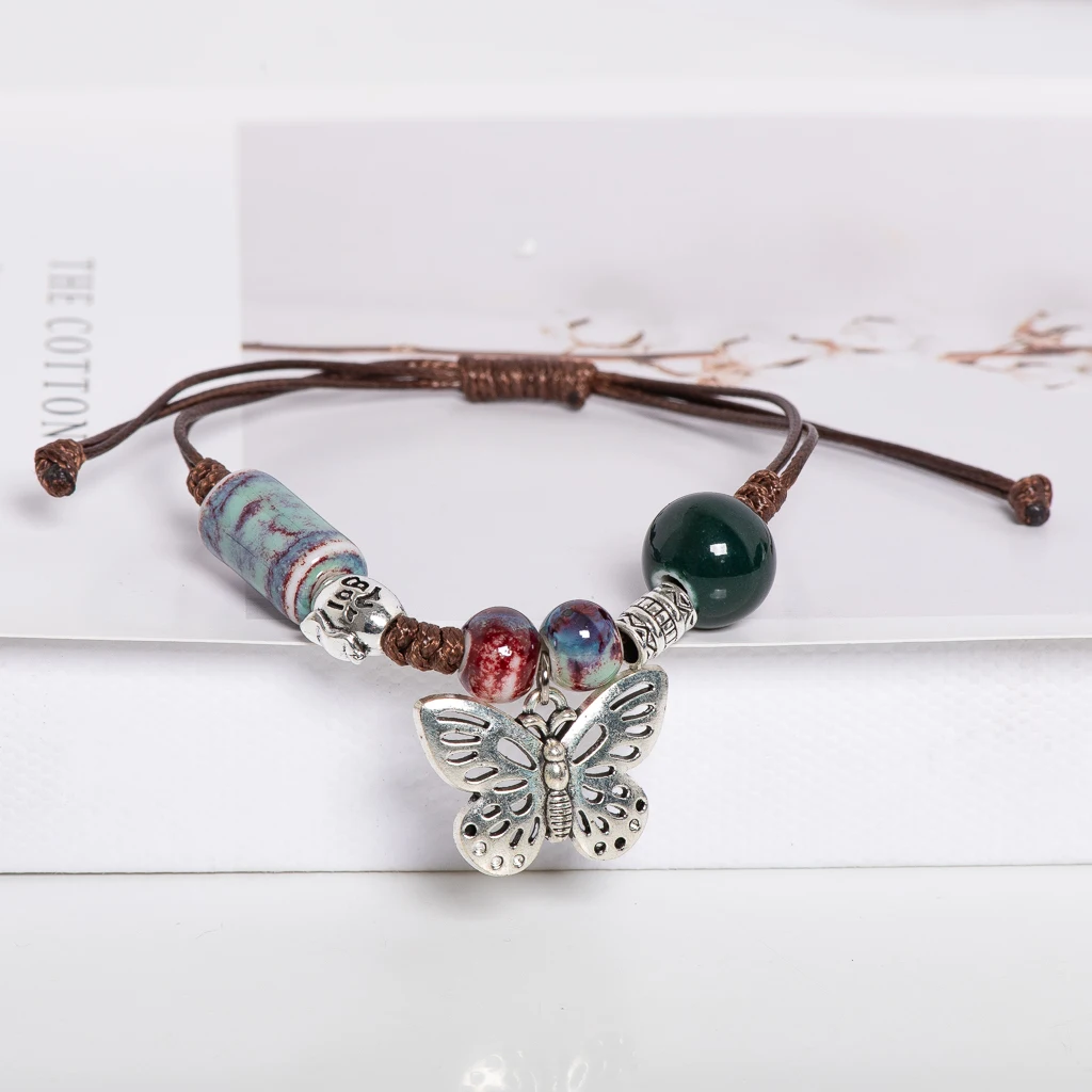 Handgefertigtes Keramik-Schmetterlings-Armband, verstellbar, Boho-gewebter Schmuck, Vintage-Stil, ethnischer Stil, Geschenk für Damen, Accessoires S02-029