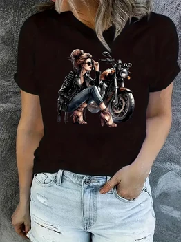Retro Motorcycle Women Print T-shirt 2000s Gothic Women's Casual Short Sleeve T Shirt Clothing Top Tee 1
