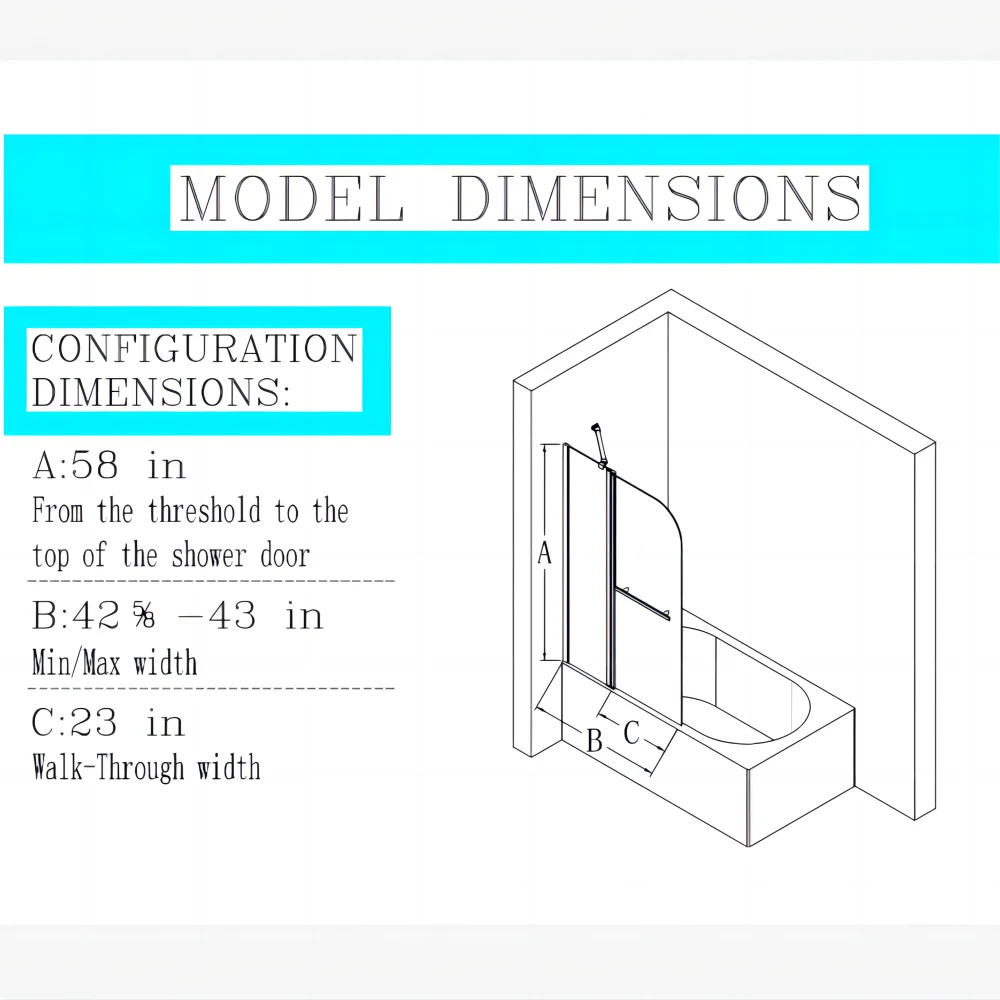 43 in. W * 58 in. H Frameless Folding Shower Doors for Bathtub, 1/4" (6mm) Thick SGCC Tempered Glass Door