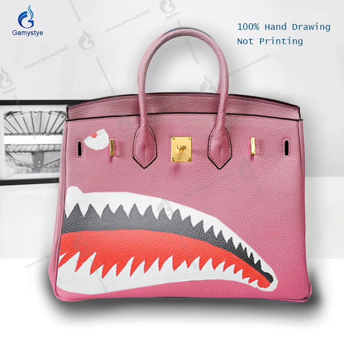 

Art Hand-Painting A sharp set of teeth Customize Totes Women Bags Messenger Crossbody Handbags Cowhide Togo Leather Big Capacity