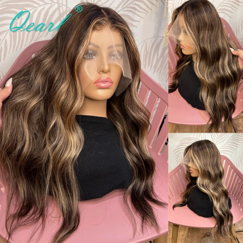 Wigs Human Hair Full Lace Wig for Women Glueless 360 Lace Frontal Wig Light Brown with Honey Blonde Highlights Loose Wavy Qearl