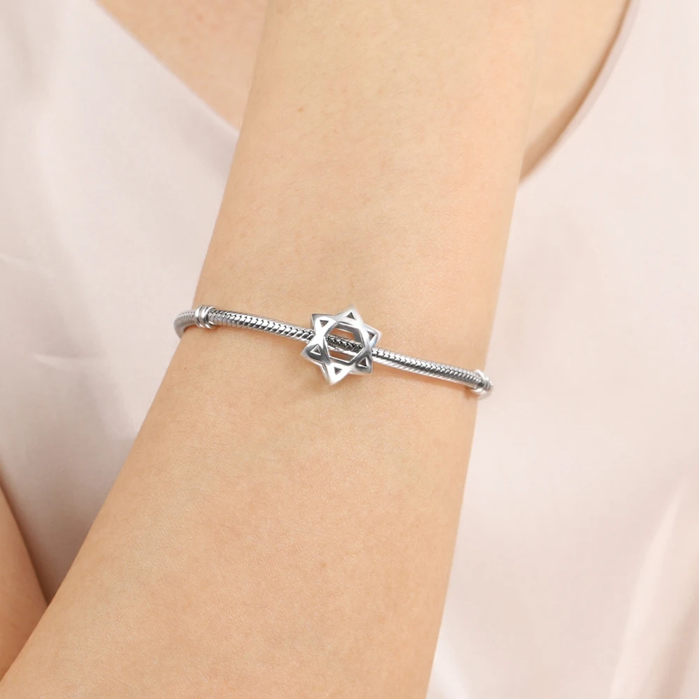 Xiaojing 925 Sterling Silver Star of David Israel's Hollow Beads Charms for Women Fit Original European Bracelets Jewelry Gifts 5