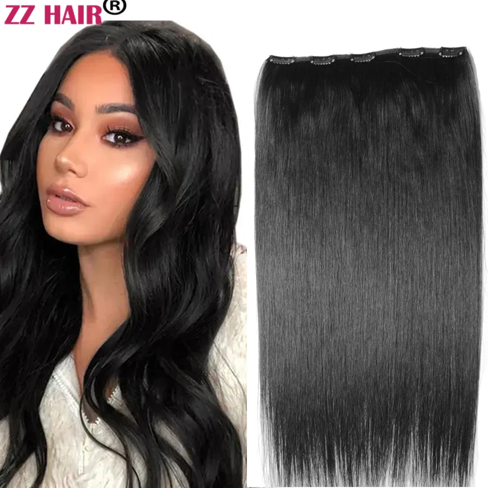 ZZHAIR 100% Brazilian Human Remy Hair Extensions 16"-24" 1Pcs Set 100g-200g One Piece 5 Clips In No-lace Natural Straight