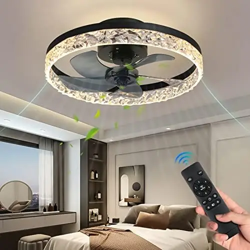 

Modern Indoor Flush Mount Ceiling Fan with Lights,Dimmable Low Profile Ceiling Fans with Remote Control,Smart 3 Light Color Chan