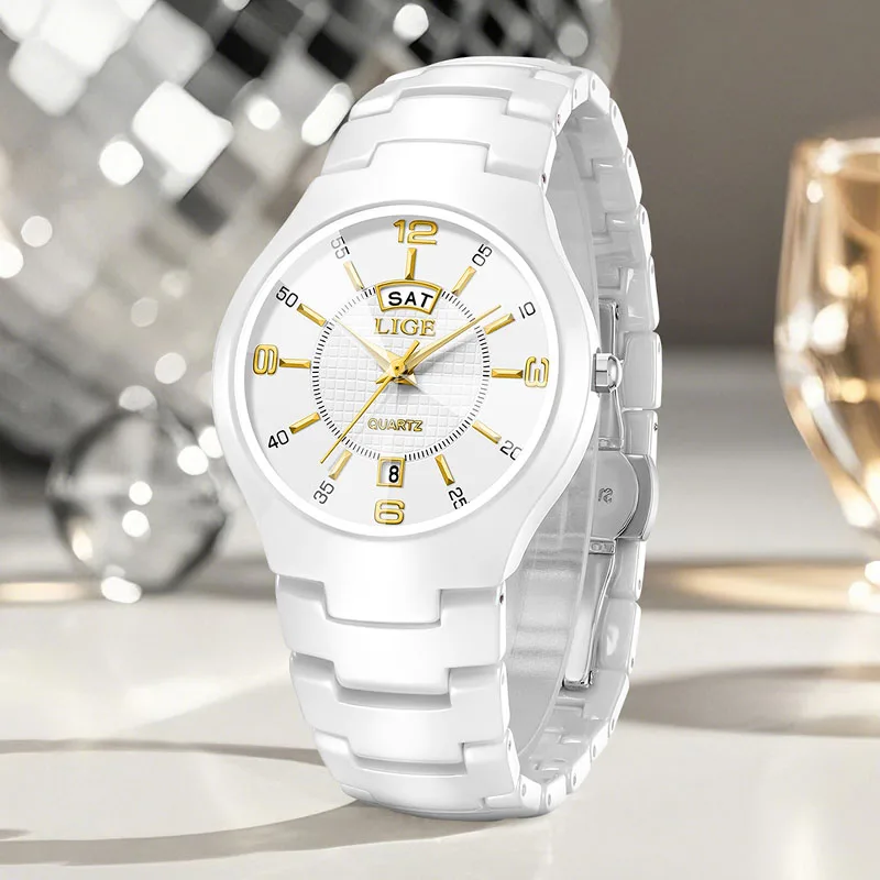 LIGE Ceramic Women's Quartz Wristwatch Waterproof Stainless Steel Week Date Ladies Watches Fashion Elegant Bracelet Watch Women
