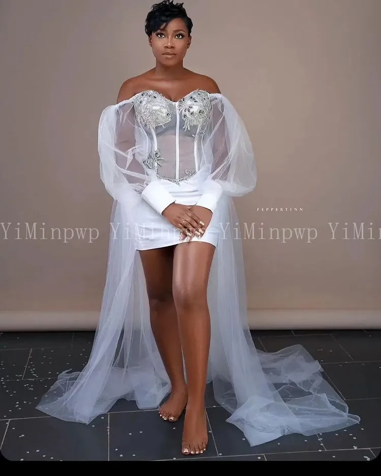 White Wedding Robes for Bride Africa Bridal Shower Dresses Off Shoulder Long Sleeve High Low Silver Crystal Appliques Customized