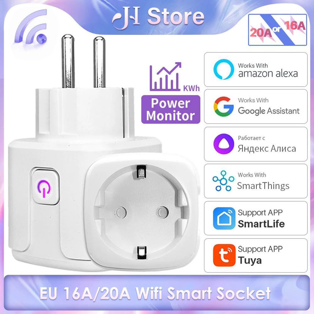 Tuya Smart Socket EU 16A/20A Wifi Plug With Power Monitor timer Function, Support Smart Life APP Yandex Alice Alexa Google Home
