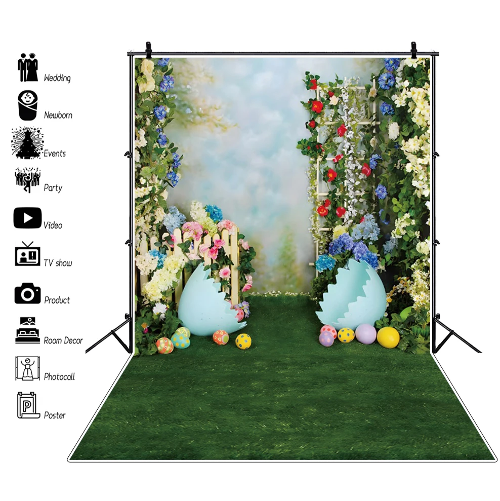 Photo Backdrop Laeacco Spring Easter Photography Background Green Grass Flowers Easter Eggs Child Portrait Wood Board Wall Photo Backdrop Prop