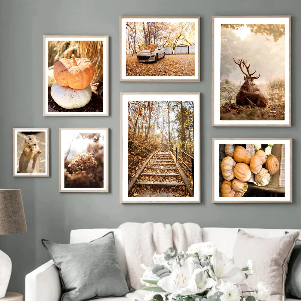

Autumn Forest Deer Fox Pumpkin Lake Reflection Wall Art Print Canvas Painting Nordic Poster Wall Pictures Living Room Home Decor
