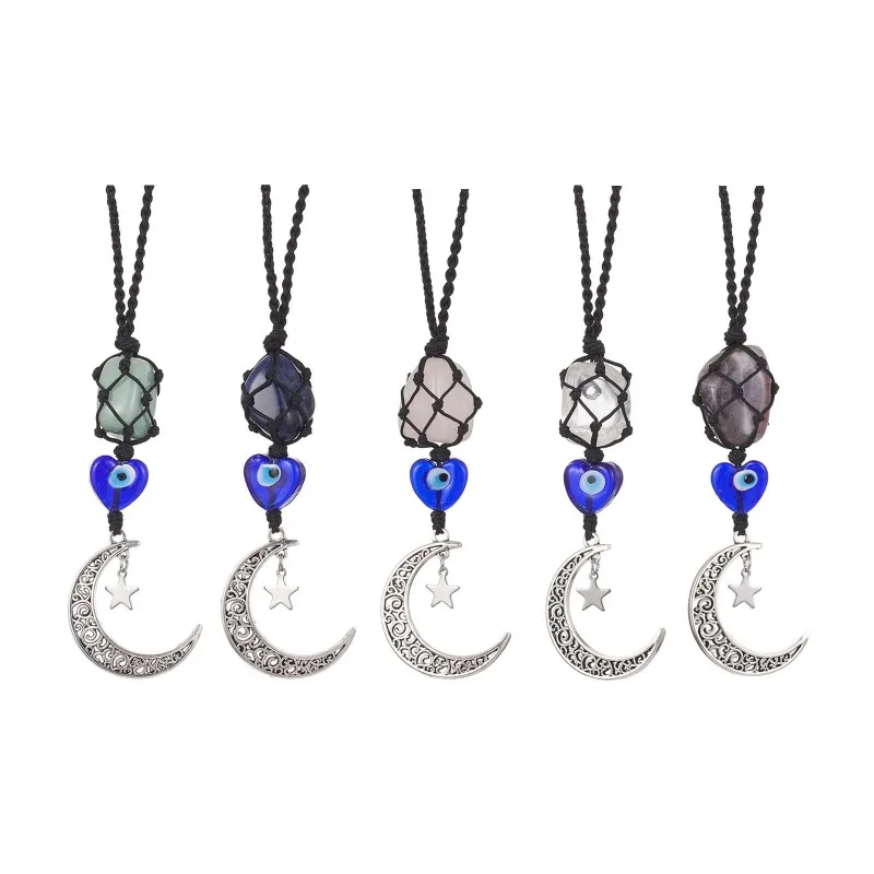 

10pc Coloured Glaze Heart Blue Evil Eye Pendant Woven Net Energy Stone Crystal Moon Star Charms Bag Car Hanging Keychain Gift