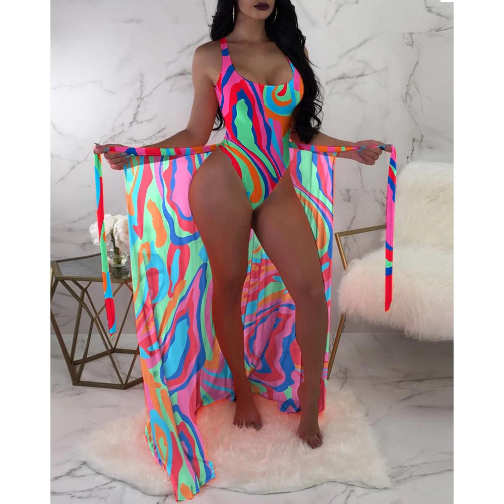Summer Sexy Women Vintage Geometric Print One Piece Swimsuit With Cover Up Beach Two Pieces Set New in Swimsuit Vacation