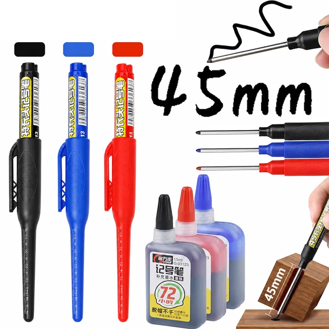Marqueurs à tête longue étanches de 45mm, 1 à 6 pièces, marqueurs à trous profonds, stylo de charpentier pour carrelage, multi-usages pour le travail du bois, encre noire/bleue/rouge