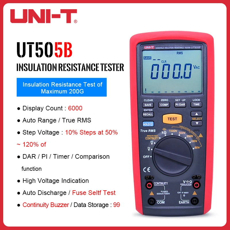 

UNI-T True RMS Insulation Resistance Tester 1000V Digital Handheld True RMS 200Gohm Multimeter UT505A/UT505B
