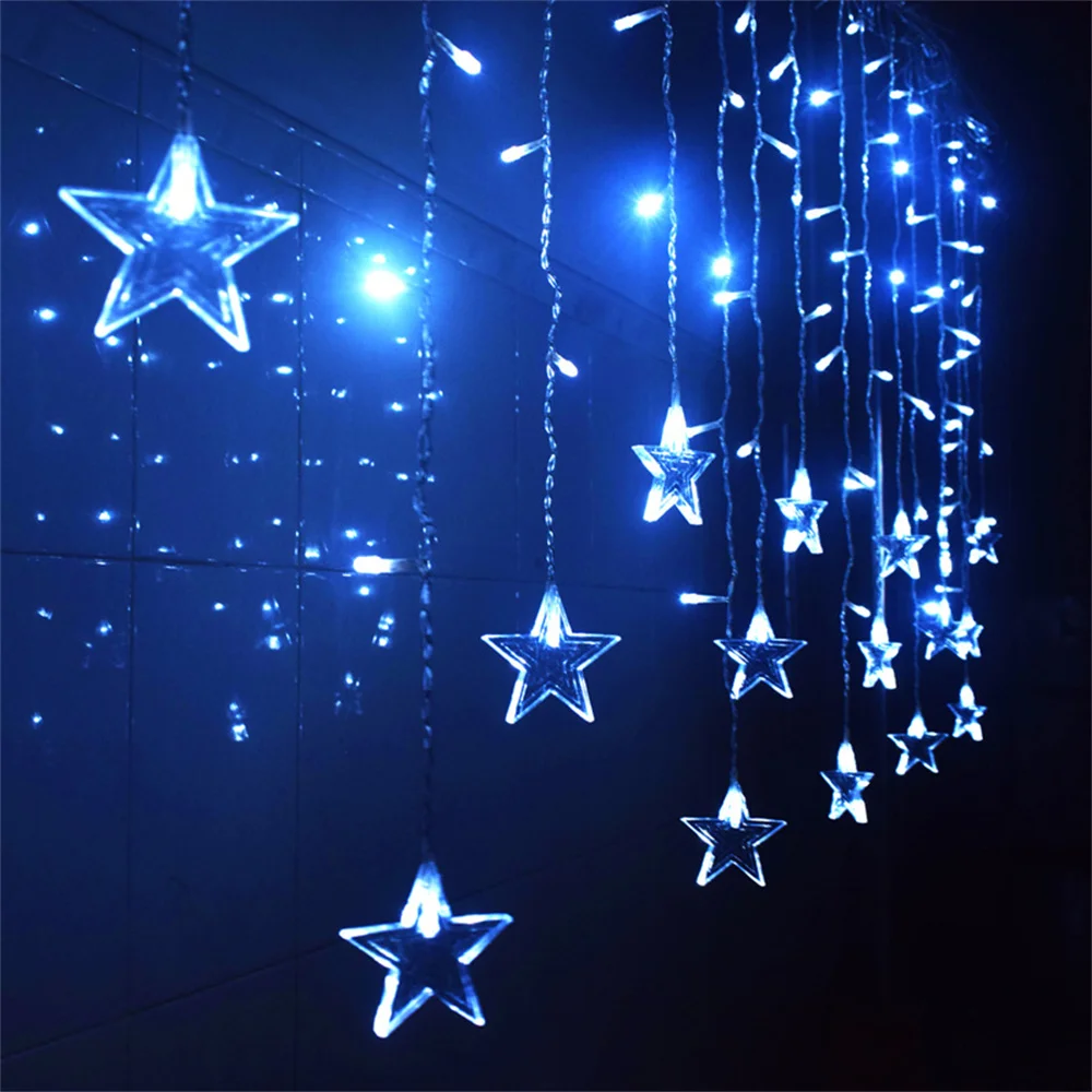 thumbnail image 1 of Cortina de luces LED con forma de estrella, 96 LED, 8 modos de parpadeo, impermeable, luces de carámbanos de 16/19 gotas para balcón, patio, decoración de bodas, 1 of 4