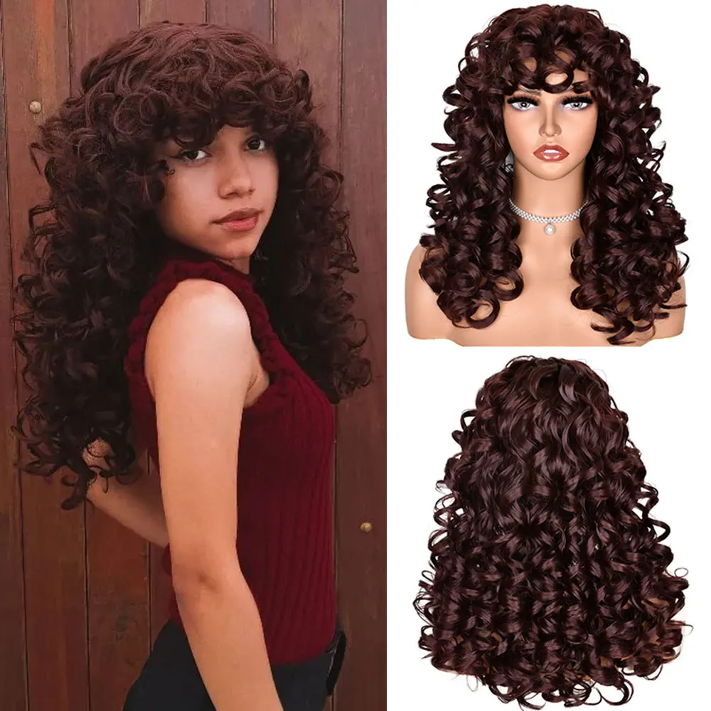 

Copper Ginger Short Curly Synthetic Wig Women's 16 Inch Red Brown Natural Wave Wig with Bangs Heat Resistant Daily Cosplay Hair